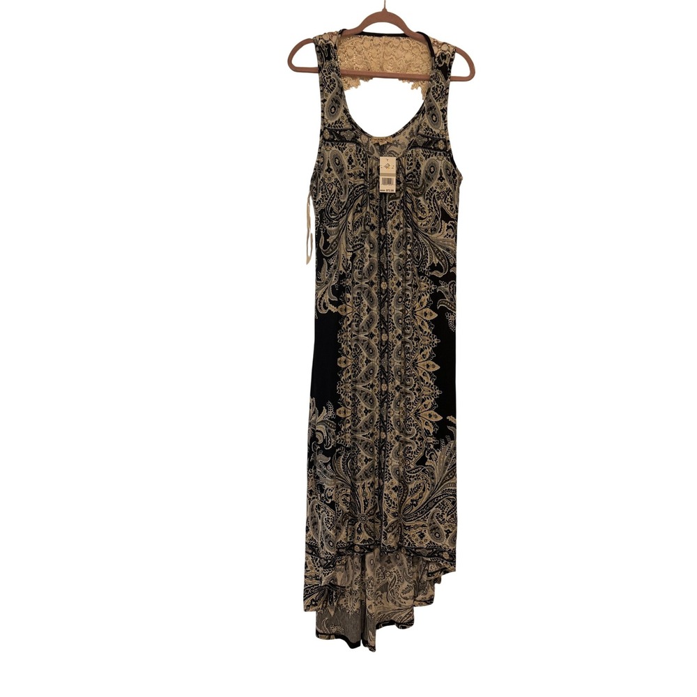 One World sz 1X new w/ tags black floral maxi boho stretch tank dress I